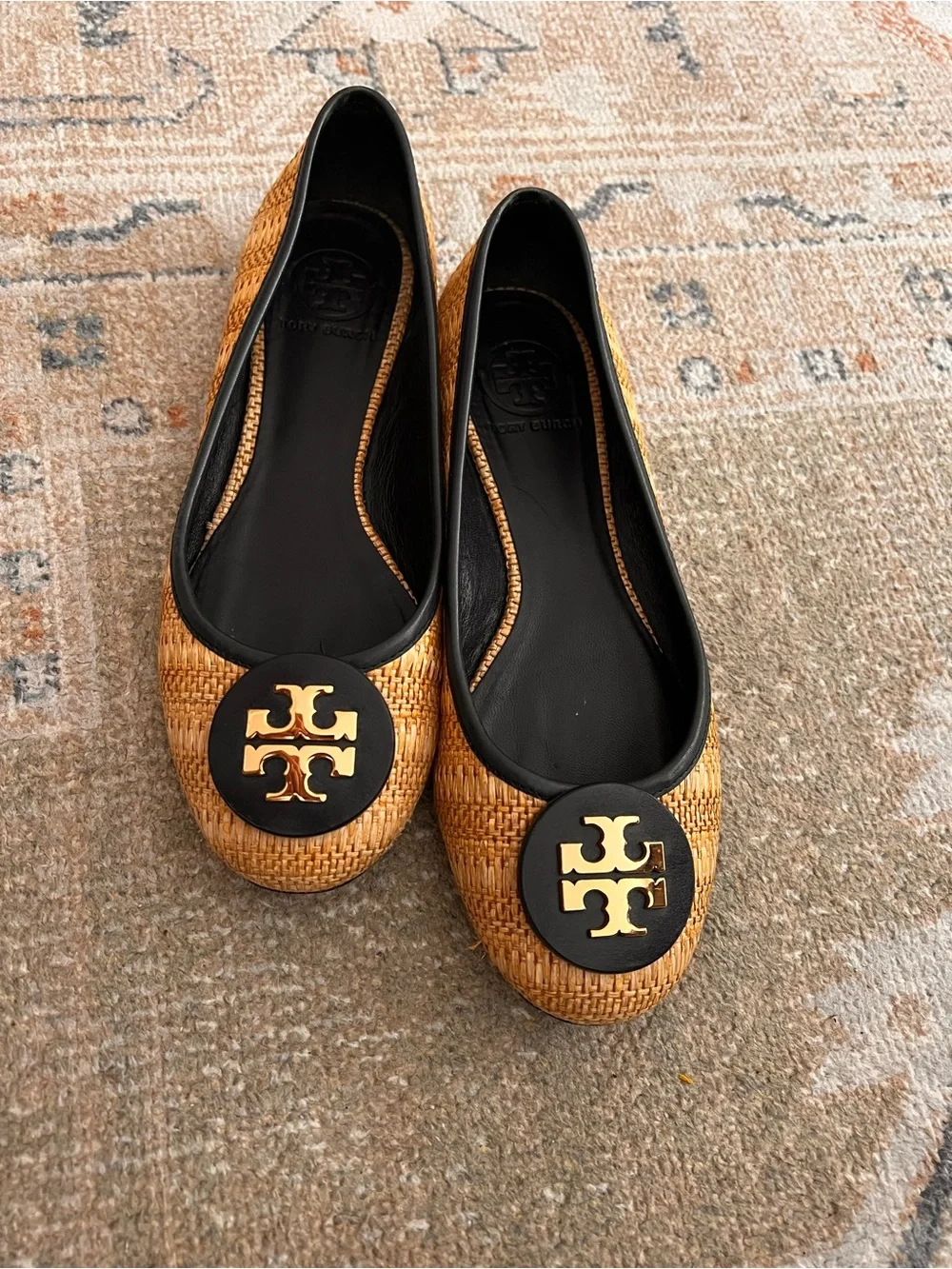 Tory Burch Reva Navy & Raffia woven straw flats with Gold Logo Medallion